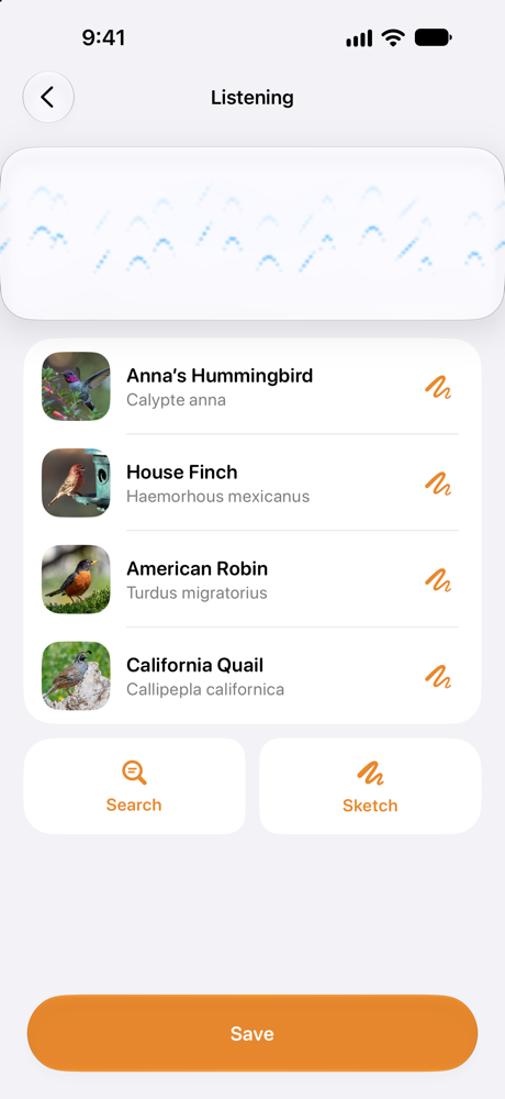 Bird’s listening screen with bird identifications and a spectrogram